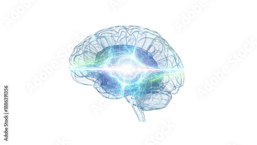 The Power of AI Holographic Brain Projection, isolated on white background