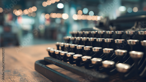 newsroom. Vintage typewriter keys in focus on a wooden desk in a bustling newsroom. product launch decks, UI/UX mockups, designed for data visualization dashboards and holographic UIs.