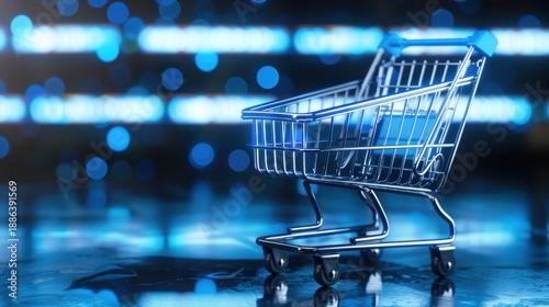 Wallpaper Mural A Shiny Metal Shopping Cart on a Blurred Blue Background with Bright Bokeh Lights and Studio Lighting Effects Torontodigital.ca