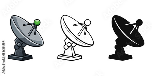 Cartoon and line art satellite dish set featuring colored, outline, and silhouette versions for technology and communication designs