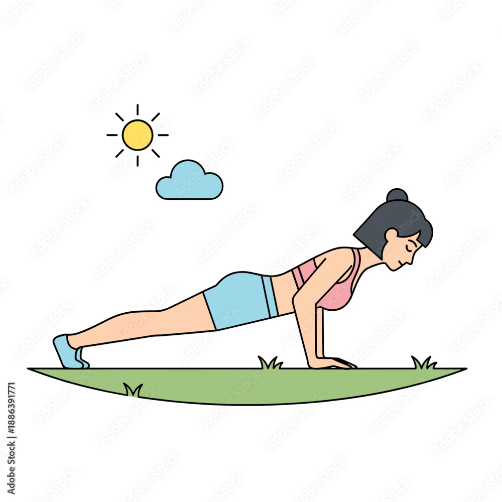 Fototapeta premium Young woman doing pushups on grass under sunny sky 