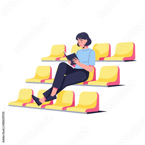 Young woman reading a book while sitting on colorful bleachers  