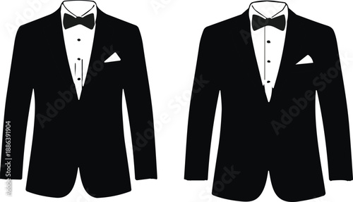 Elegant Tuxedo Suit Silhouette Set for Formal Event, Groom and Wedding Attire, Business Fashion, Classic Black Tie Vector Illustration