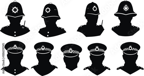 Police Officer Silhouettes Set with Uniform Hats and Helmets, Law Enforcement Authority, Public Safety, Security Service, Professional Patrol Vector Illustration