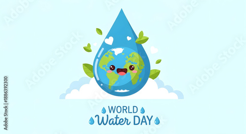 World  Water Day Cute cartoon Earth character inside a water droplet with leaves and hearts, celebrating World Water Day with a happy expression.