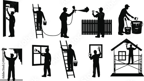 Professional Home Renovation and Maintenance Workers Silhouettes Set, Construction Repair, Painting, Electrical and Plumbing Services, Building Improvement Vector Illustration