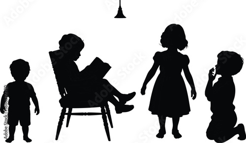 Silhouette of children reading, walking, standing, kneeling and interacting under hanging light, black vector illustration on white background