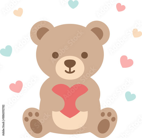 A cute, cuddly teddy bear holding a bright pink heart with small, pastel hearts floating around it, symbolizing love and affection