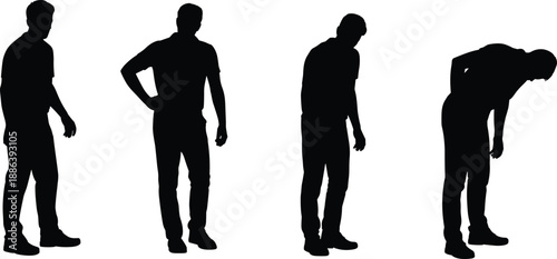 Silhouette of tired exhausted man in multiple poses, burnout, fatigue, stress, depression, body pain, overworked, fatigue, physical strain