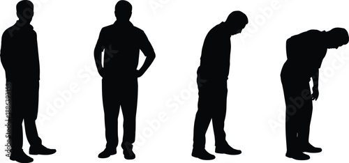 Silhouette of tired man in progressive posture, showing fatigue, burnout, back pain, stress, exhaustion, physical strain, mental fatigue, posture issue