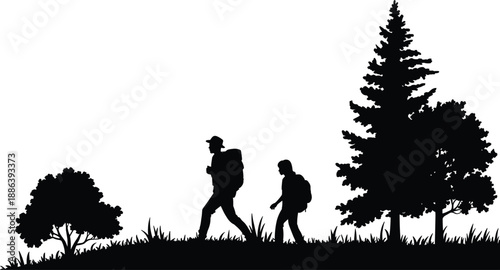 Silhouette of two hikers walking through forest with backpacks, grass and trees, outdoor nature travel vector illustration for adventure themes