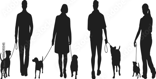 Silhouette People Walking Dogs of Various Breeds on Leash in Outdoor Activity Scene Vector Illustration for Pet Lovers and Parks