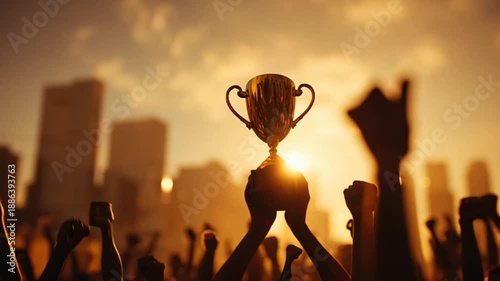 Triumphant moment with trophy held high in cityscape.
