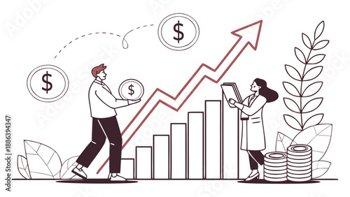 Finance growth concept with businessman and businesswoman tracking stock market investment performance on bar chart showing revenue increase and economic prosperity through smart strategy