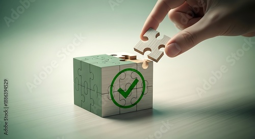 A hand inserts the final puzzle piece into a cube marked with a green checkmark, symbolizing the successful completion of a project or task.