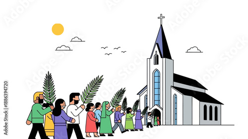 Palm Sunday Procession to Church Illustration.