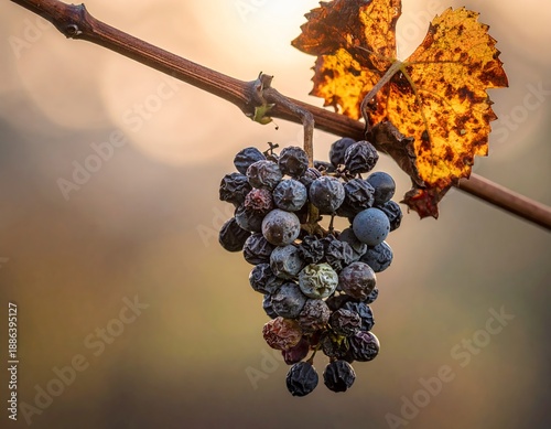 Moldy grapes shriveled on vine in soft light during harvest season