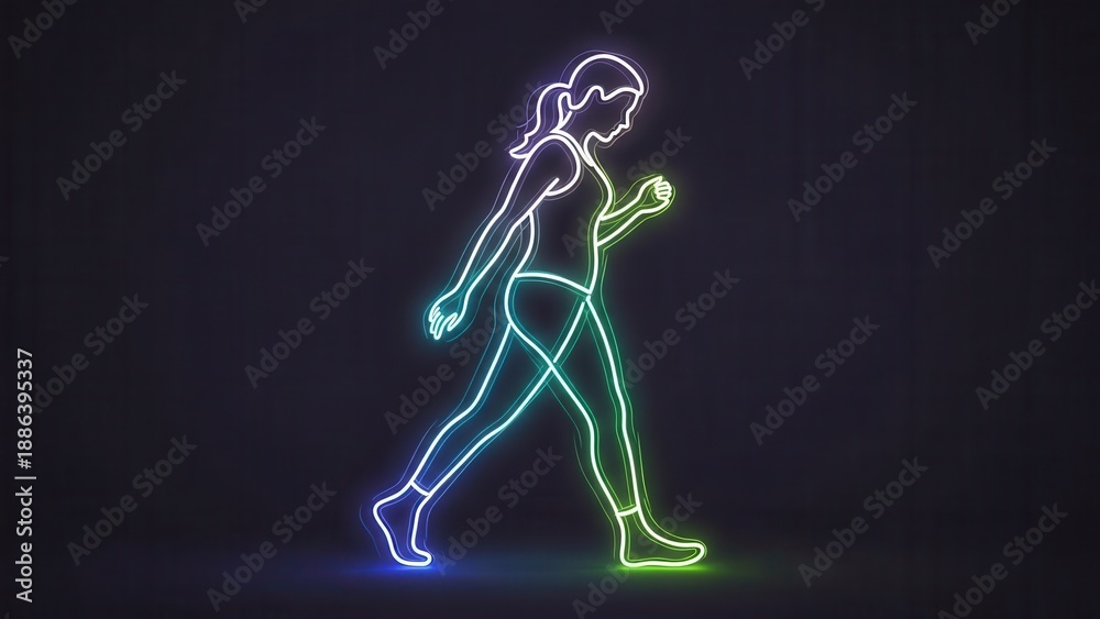 Obraz premium Vibrant neon silhouette of a woman in motion, embodying dynamic fitness and a healthy lifestyle
