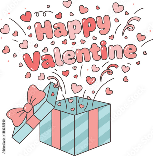 Joyful illustration of an enchanting gift box opening, revealing a shower of lovely hearts and celebratory confetti, perfect for romantic greetings and festive occasions