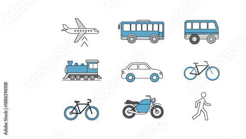Set of transportation icons: airplane, bus, car, train, bicycle, motorcycle, walking person