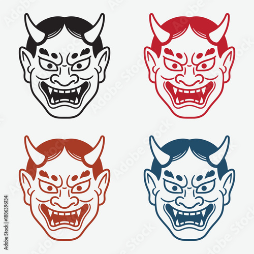 Hannya Demon Mask Faces Set in Multiple Colors – Japanese Oni Vector Illustration