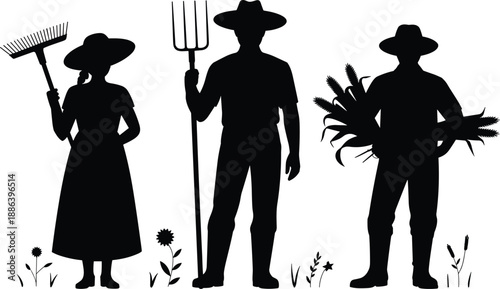 Farmer family silhouette vector illustration with pitchfork rake and harvest crops, rural agriculture workers design, countryside farming concept, black and white