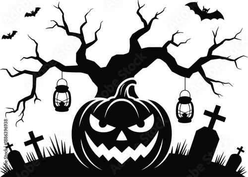 Halloween graveyard scene with jack-o'-lantern, twisted tree, lanterns, gravestones, and bats in spooky black and white silhouette style.