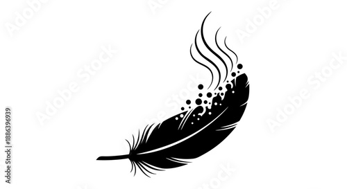 Vector illustration set of black bird feather silhouettes and quill pen icons isolated on white background for nature art design elements