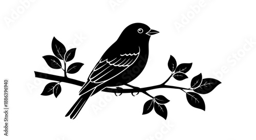 A cute vector illustration of a bullfinch and sparrow silhouette perched on a winter tree branch represents nature and wildlife art