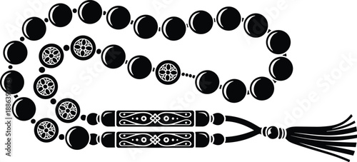 Islamic prayer beads tasbih silhouette vector illustration with ornate decorative details, Muslim rosary for Ramadan, Eid, spiritual worship, and religious devotion