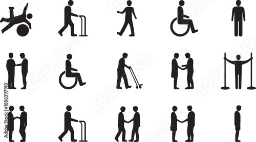 A comprehensive set of black silhouette icons illustrating various human conditions and interactions, including disabled individuals, couples, and people with mobility aids on transparent background