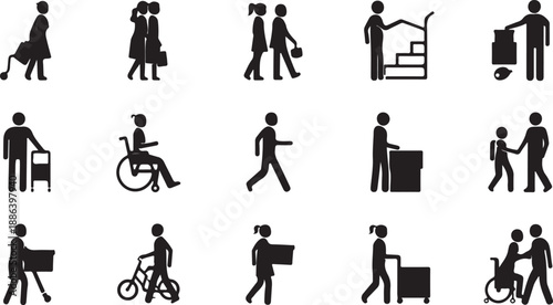A comprehensive collection of black silhouette icons illustrating various daily routines and interactions, including shopping, travel, and personal assistance scenarios on transparent background
