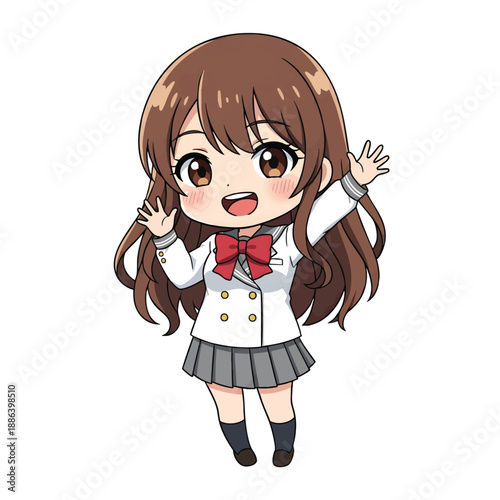 Cute anime schoolgirl waving happily with a big smile