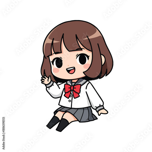 Cute Anime Schoolgirl Waving Happy Friendly Greeting
