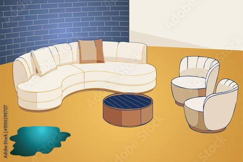 Modern Living Room Illustration – Curved Sectional Sofa & Armchairs Vector