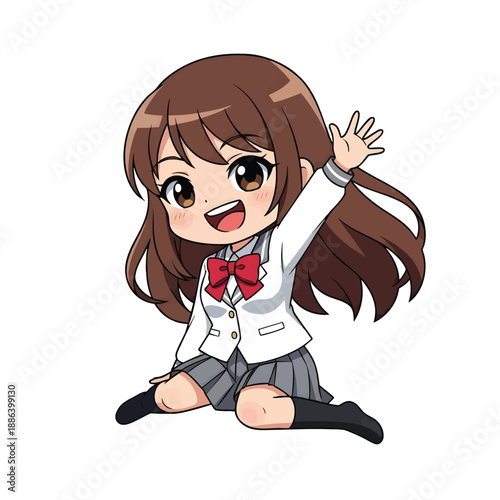 Cute Japanese Schoolgirl Waving Happy Friendly Greeting