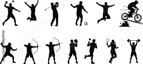 Sports athlete silhouette collection showing football golf cycling boxing archery tennis fitness actions, black vector illustration set isolated on white background