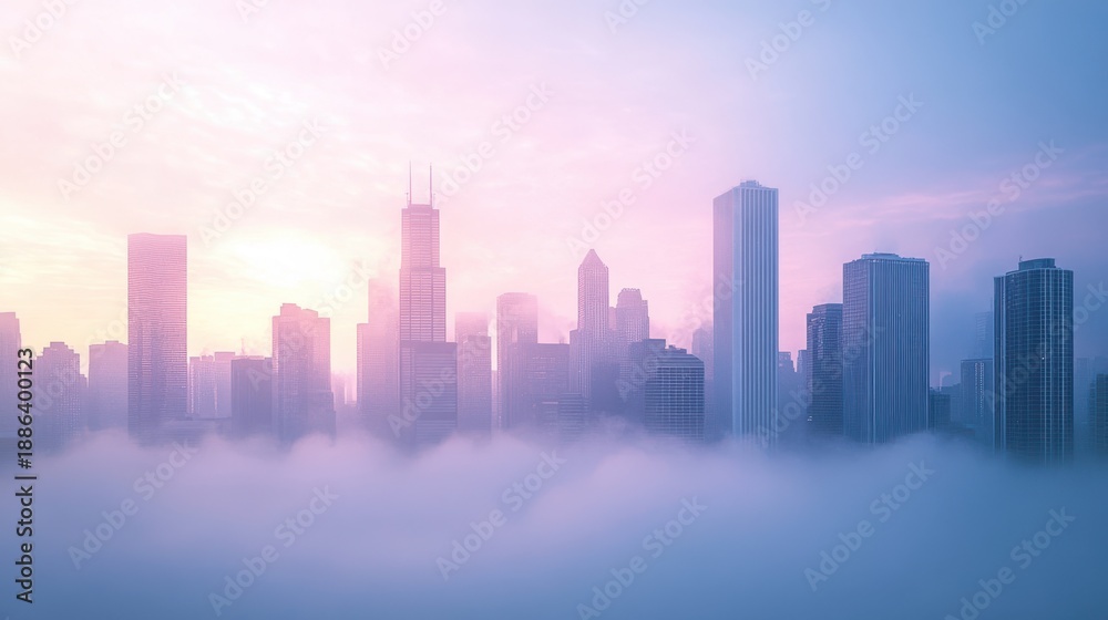 Fototapeta premium Skyline Of Tall Buildings Emerging Through Dense Morning Fog With Soft Pink Sunlight cityscape skyscrapers
