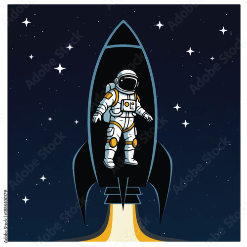 Astronaut in Space Suit on Rocket Ship.