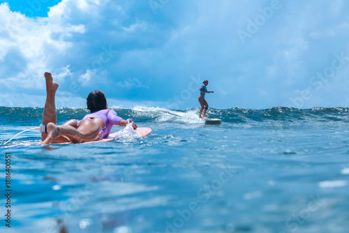 Photography Female Surfer Riding Gentle Breaking Wave With Playful Arms, Surf Instructor Vib