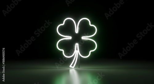 Happy St. Patrick's Day Glowing White and Green Neon Four-Leaf Clover Sign on a Reflective Surface Against a Dark Black Background, Symbolizing Luck and Fortune for St. Patrick's Day.