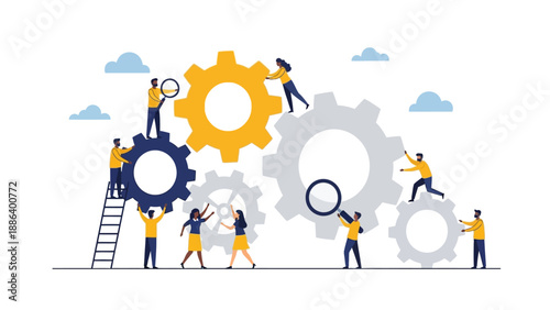 Tiny people working on giant gears for teamwork and business process concept