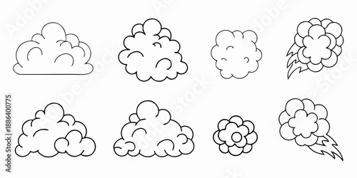 Collection of simple cartoon style cloud illustrations in a black and white design