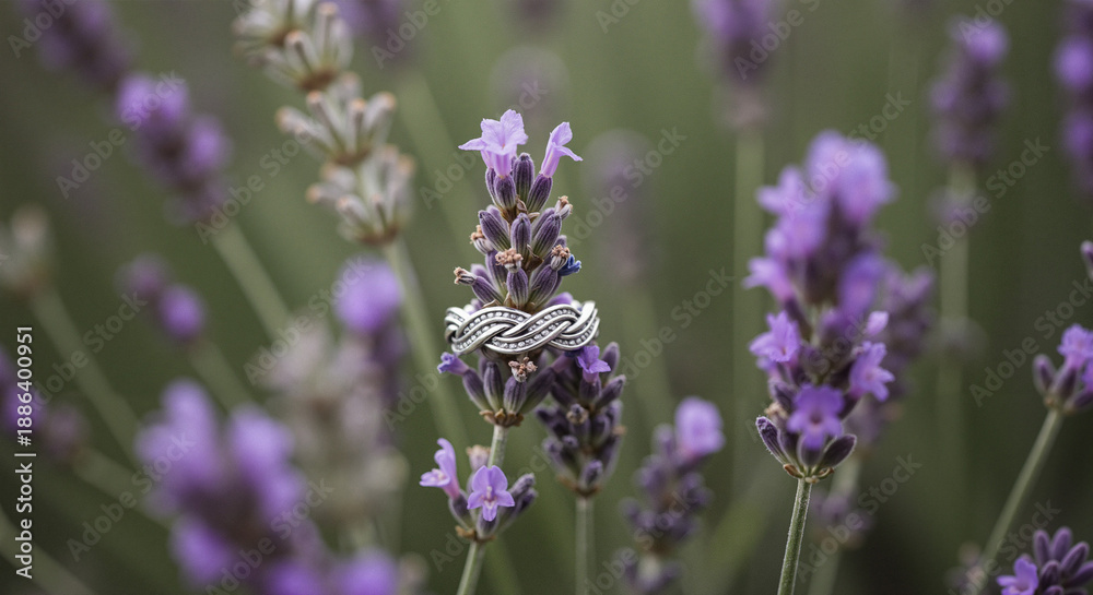Fototapeta premium Silver ring resting among blooming lavender flowers in garden 