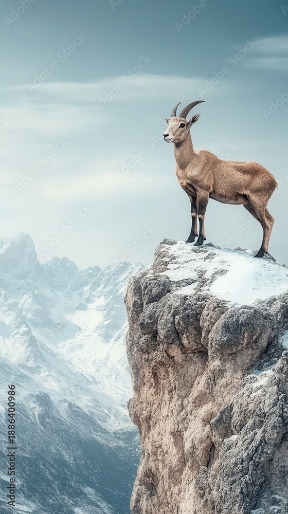 Obraz premium Mountain Goat Stands Proudly On Steep Snowy Cliff