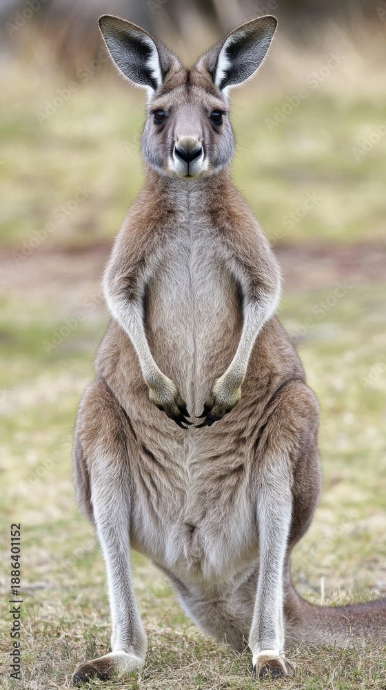 Fototapeta premium Kangaroo Standing Tall in Open Grassy Plain