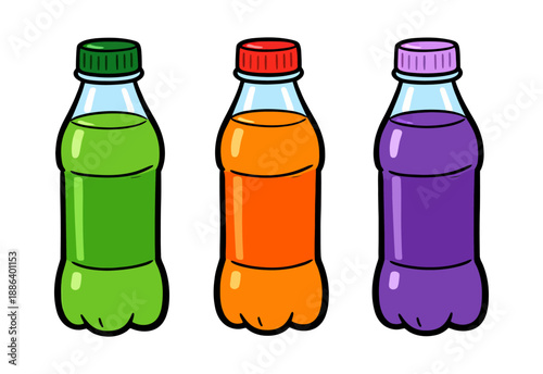Hand drawn cartoon beverage bottle set featuring green, orange, and purple soda for refreshing drinks