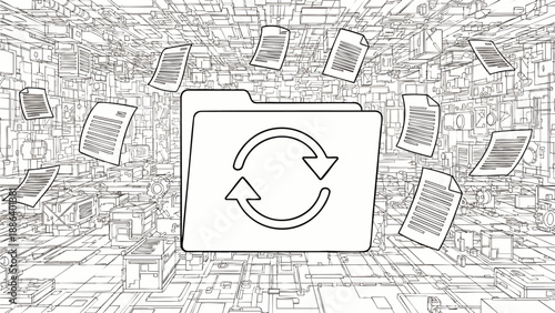 Digital data synchronization concept with folder icon and flying documents in an abstract cyber space background, illustrating cloud storage and information management.