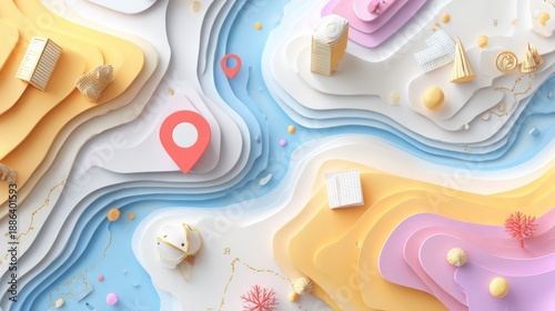  Abstract 3D Navigation Map with Colorful Location Pins in Soft Pastel Landscape