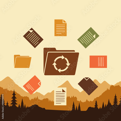 Digital file management concept illustration with folders and documents syncing in a stylized mountain landscape, representing data flow and organization, cloud services, and secure data transfer.